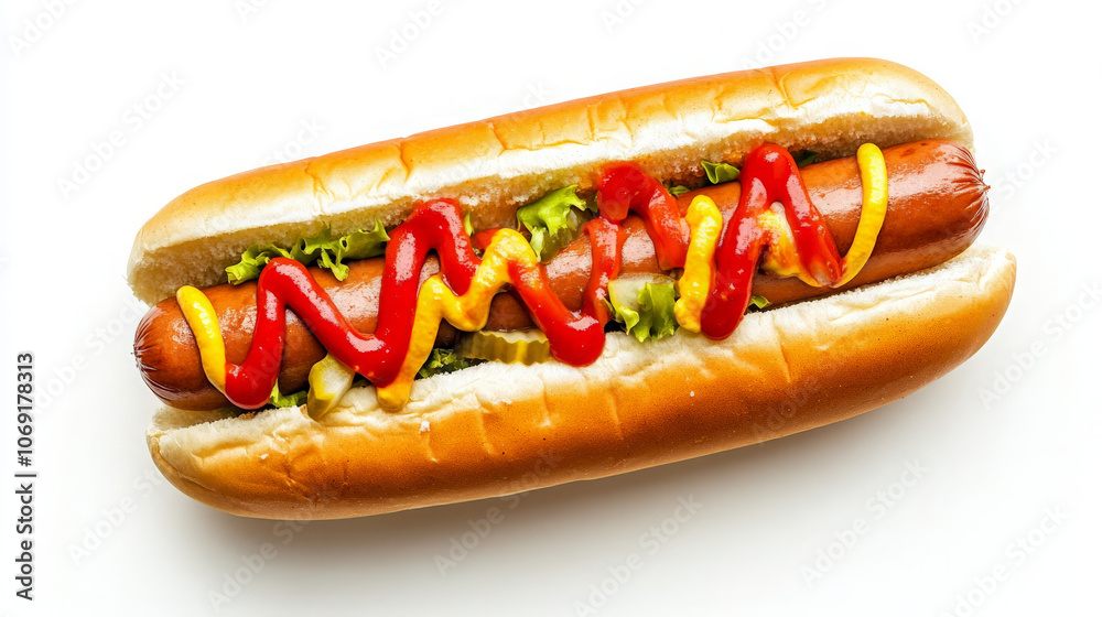 A hot dog in a bun topped with mustard, ketchup, and pickles, served on a white background. A hot dog in a bun topped with mustard, ketchup, and pickles, served on a white background.