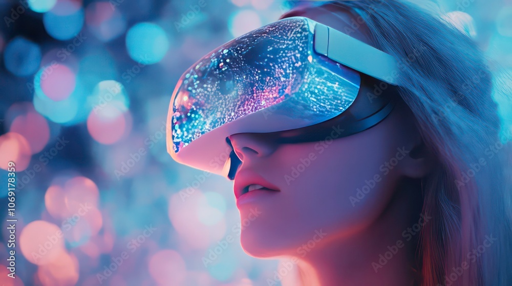 A person wearing a futuristic VR headset, immersed in a digital experience. A person wearing a futuristic VR headset, immersed in a digital experience.