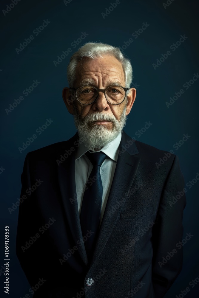 Fototapeta premium Distinguished Elderly Man in Dark Suit Against Monotone Blue Backdrop for Corporate Use