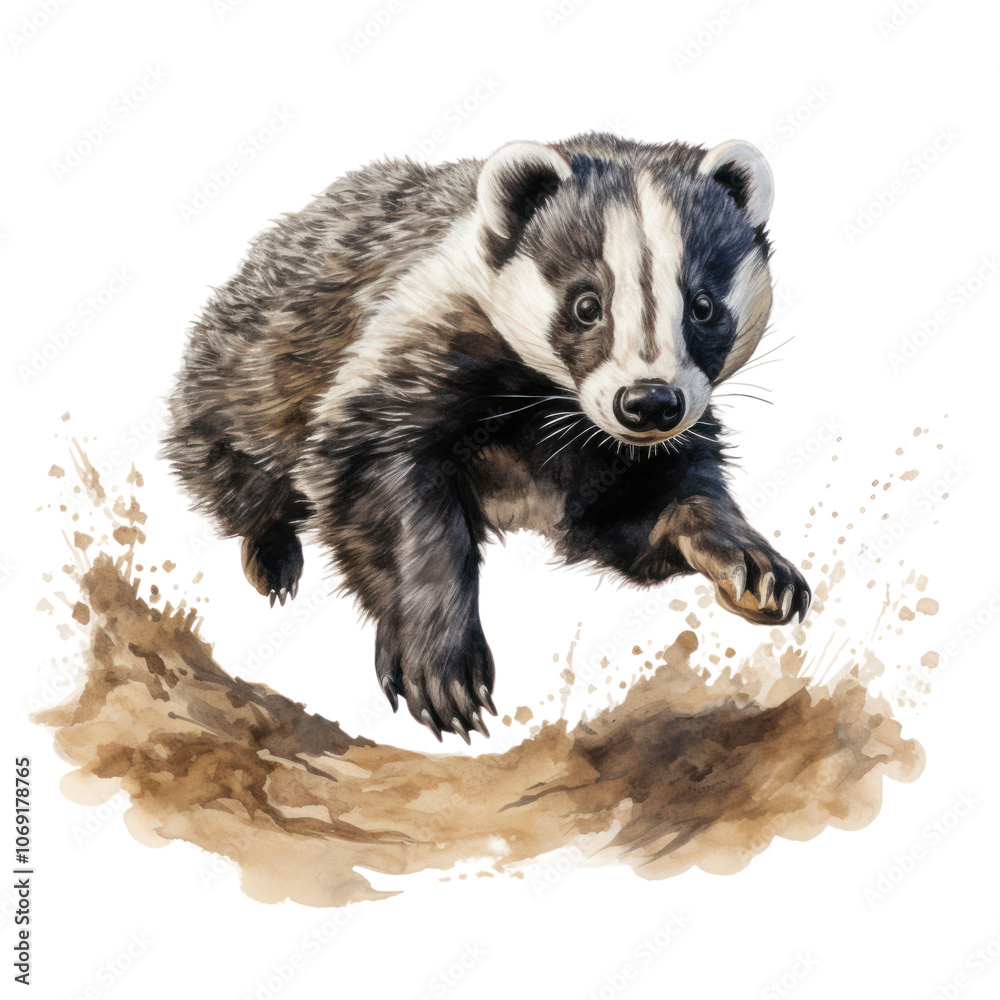 Naklejka premium Jumping Badger in Watercolor Style isolated on white or transparent background, png clipart, design element