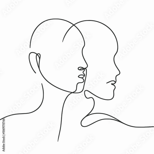 Minimalist one-line drawing of two abstract faces