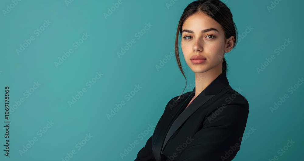 Modern Portrait of Confident Young Executive in Sleek Black Suit Against Teal Background Modern Portrait of Confident Young Executive in Sleek Black Suit Against Teal Background