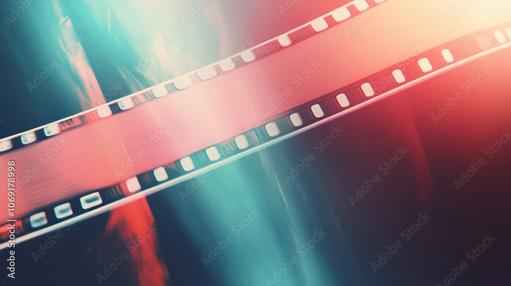 A film strip set against a striking red and blue backdrop A film strip set against a striking red and blue backdrop