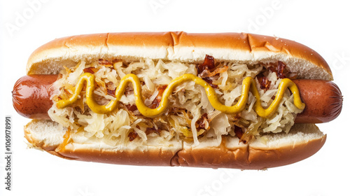 A hot dog topped with sauerkraut and mustard in a bun.