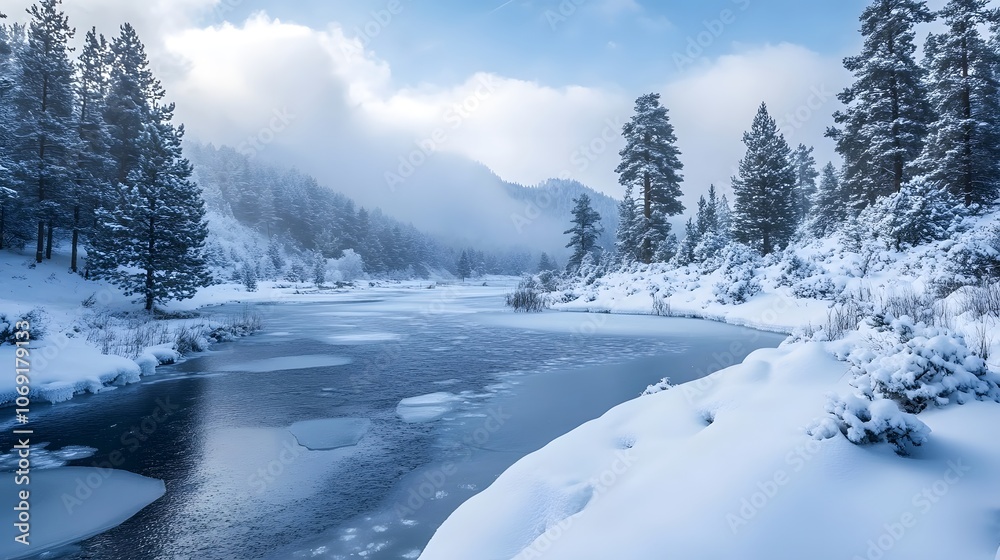 A winter landscape with snow-covered ground, evergreen trees, and a frozen river. A winter landscape with snow-covered ground, evergreen trees, and a frozen river.
