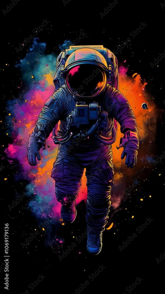 An astronaut in a spacesuit against the background of space. Concept of the World Astronautics Day. Vertical video. An astronaut in a spacesuit against the background of space. Concept of the World Astronautics Day. Vertical video.