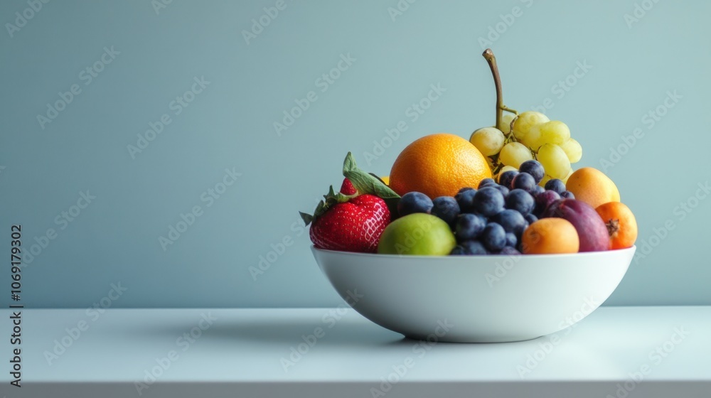 Minimalist bowl of fresh fruits on a table with clean background, natural light. Minimalist bowl of fresh fruits on a table with clean background, natural light.
