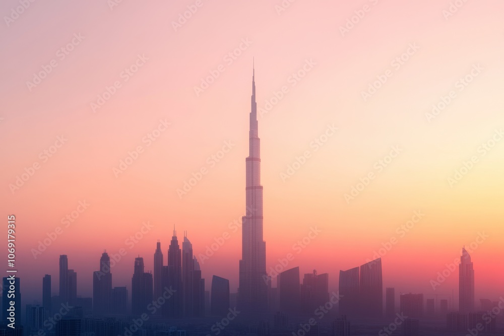 Stunning skyline of a modern city at sunset Stunning skyline of a modern city at sunset