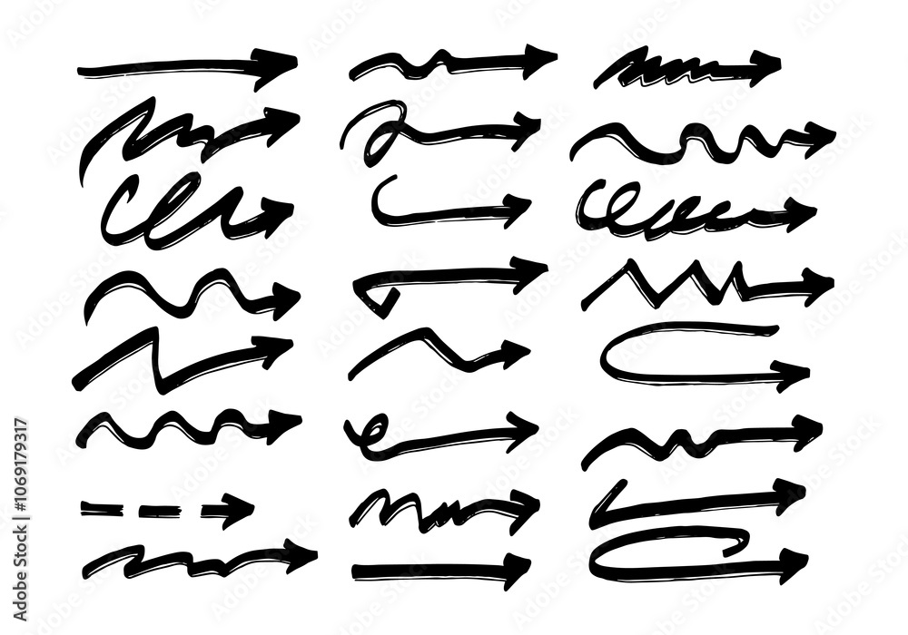 Arrows. Set of hand drawn grunge brush arrows. Vector illustration. Arrows. Set of hand drawn grunge brush arrows. Vector illustration.