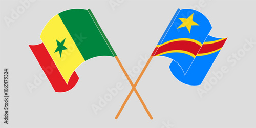 Crossed and waving flags of Senegal and Democratic Republic of the Congo. Vector illustration