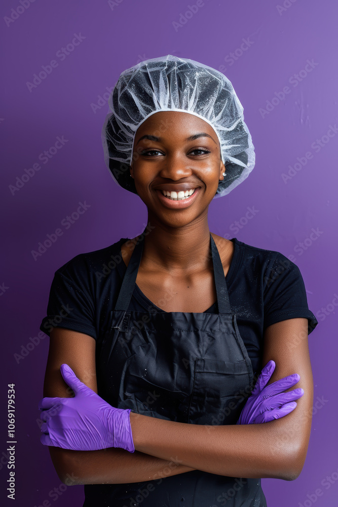 Confident Female Worker in Protective Gear Against Monochrome Purple Background Confident Female Worker in Protective Gear Against Monochrome Purple Background