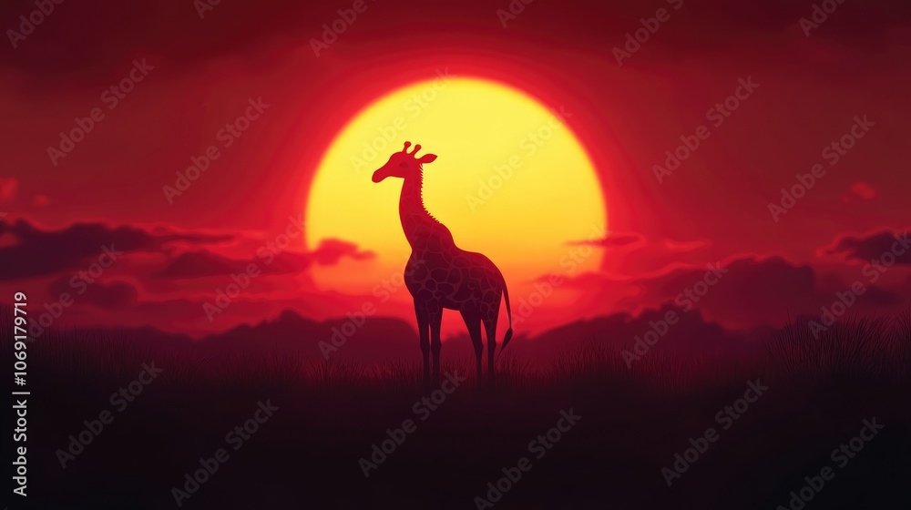 Silhouette of a giraffe against a vibrant sunset showcasing rich red orange and black hues Silhouette of a giraffe against a vibrant sunset showcasing rich red orange and black hues