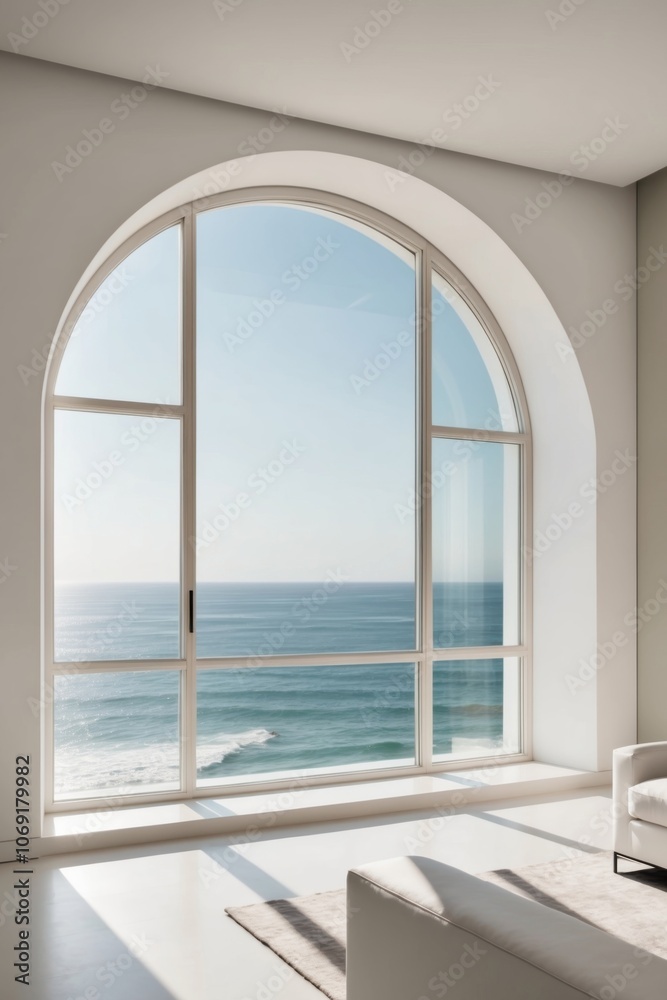 Fototapeta premium Modern Interior Design with Arched Window and Ocean View.