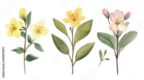 Watercolor illustration spring blossom flowers with soft yellow and pink hues green leaves isolated on white background