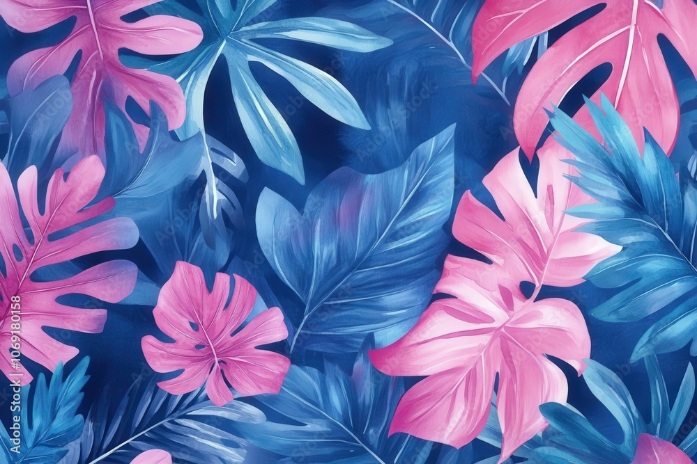 Watercolor Illustration of Pink and Blue Tropical Leaves Watercolor Illustration of Pink and Blue Tropical Leaves