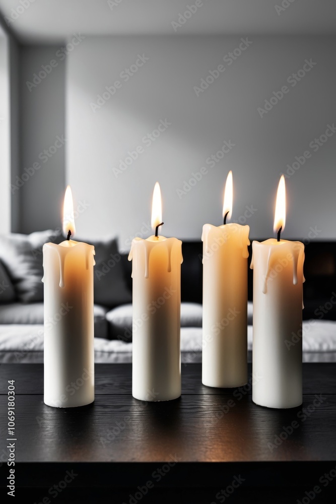 Close up of four burning Advent candles in a dark living room.
