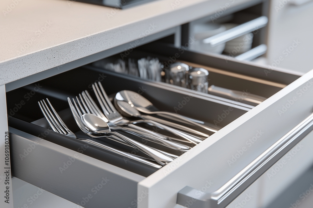 Box with cutlery in drawer in the kitchen Box with cutlery in drawer in the kitchen