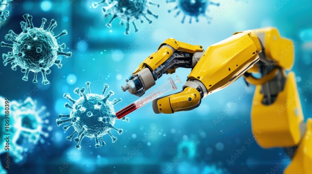 Robotic Arm Injects a Syringe into a Virus Model Robotic Arm Injects a Syringe into a Virus Model