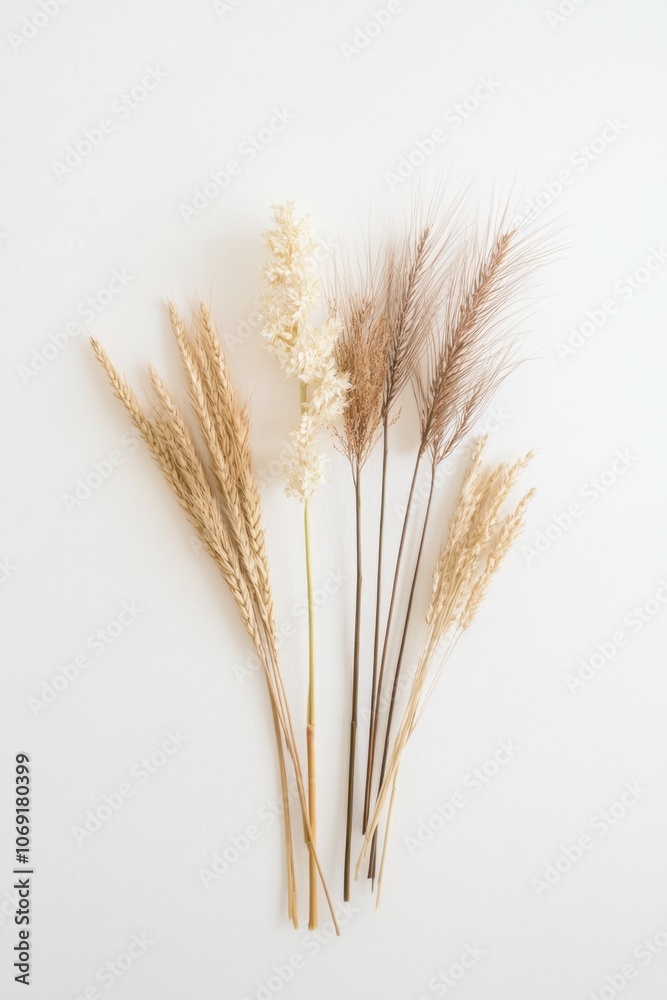 Assortment of dried wheat and grass stems on a plain white background Assortment of dried wheat and grass stems on a plain white background