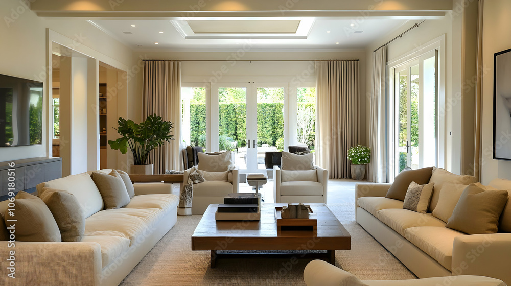 Fototapeta premium Contemporary Minimalist Lounge Area with Neutral Upholstery, Elegant Accents, and a Spacious Layout to Foster a Sense of Calm