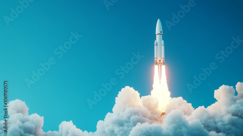 A digital rendering of a rocket blasting off from a laptop screen, with billowing clouds surrounding it and a clear blue sky providing a striking contrast, capturing the essence of