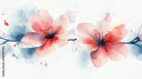 Watercolor illustration spring blossom flowers in delicate pastel colors with minimalistic petals and soft details isolated on white background for postcards and banners
