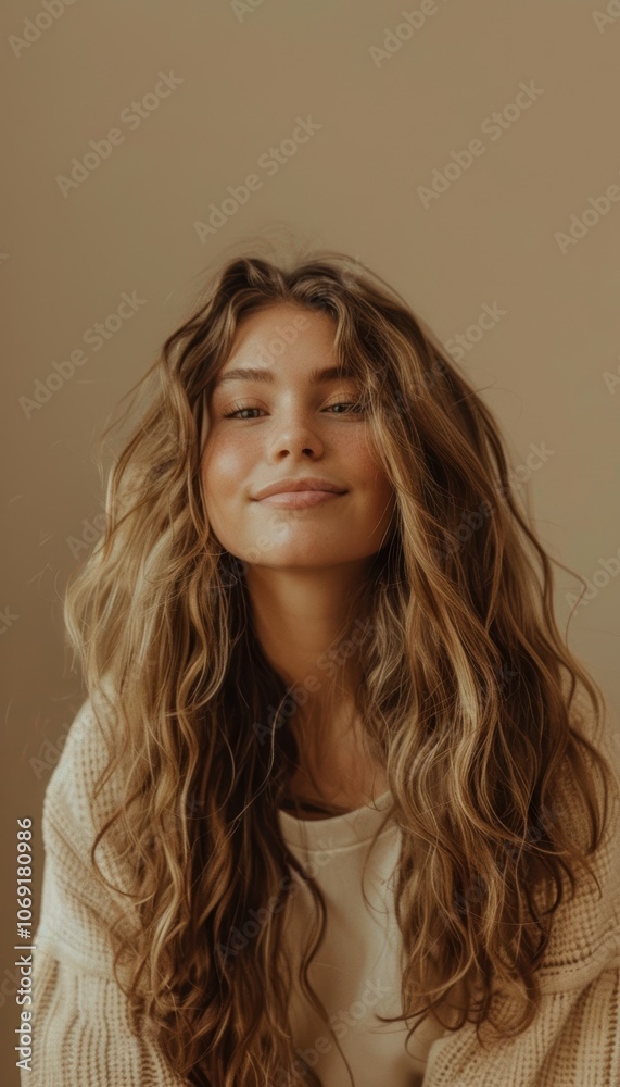 Warm Smiling Portrait of Young Woman with Long Wavy Hair for Lifestyle and Fashion Design Warm Smiling Portrait of Young Woman with Long Wavy Hair for Lifestyle and Fashion Design
