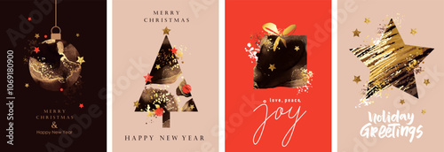 Christmas and New Year greeting cards design. Holiday background, greeting card, party invitation, website banner, social media post. Shiny chic, festive  golden textures. 