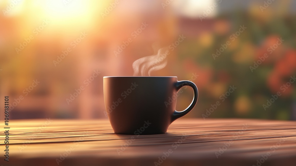 Obraz premium Black coffee cup with steam on blurred background small espresso mug for mockup and copy space on rustic wooden surface
