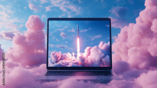 An engaging depiction of a laptop displaying a rocket launch, surrounded by vibrant clouds against a tranquil blue sky, signifying the power of imagination and technological progre photo