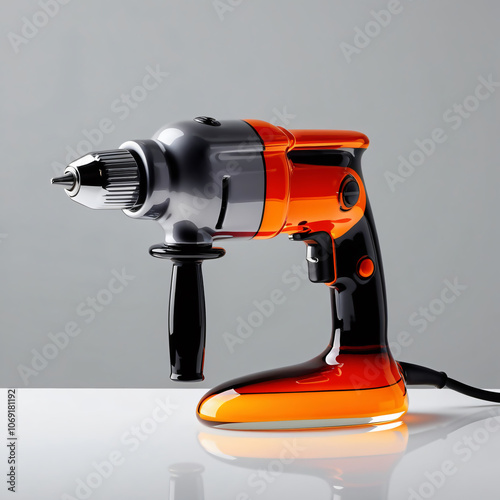 Glass sculpture of electric drill with metallic gray to orange gradient, black handle, orange trigger on light gray background, showcasing craftsmanship, generative ai
