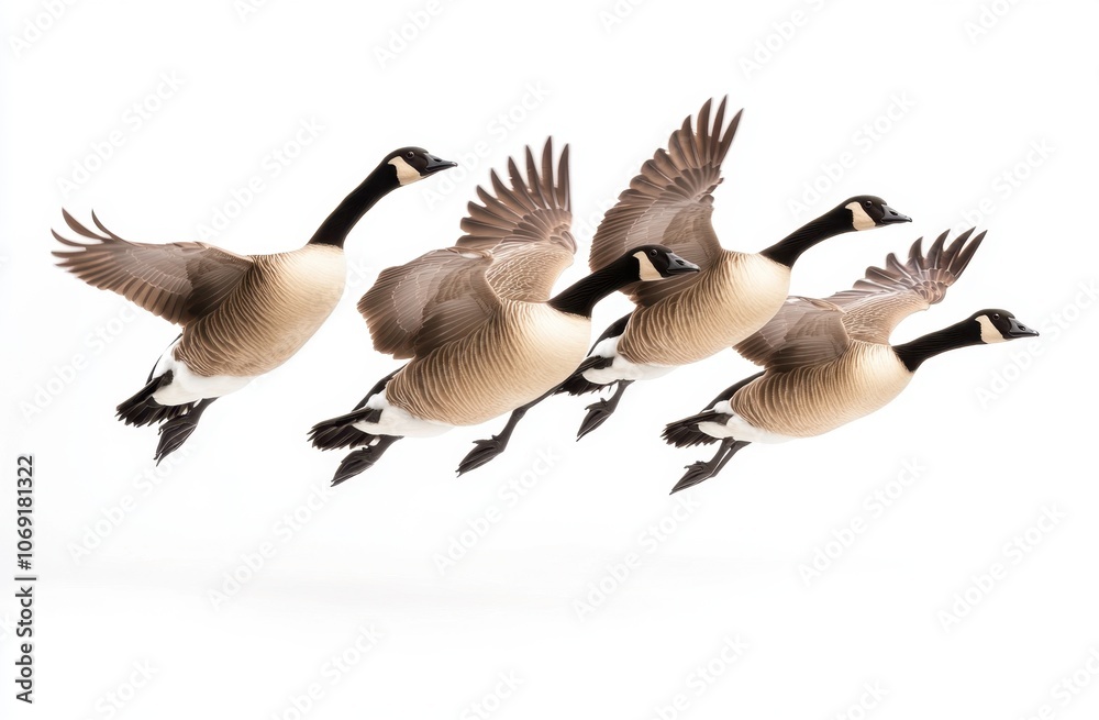 Flock of geese in flight against a white background