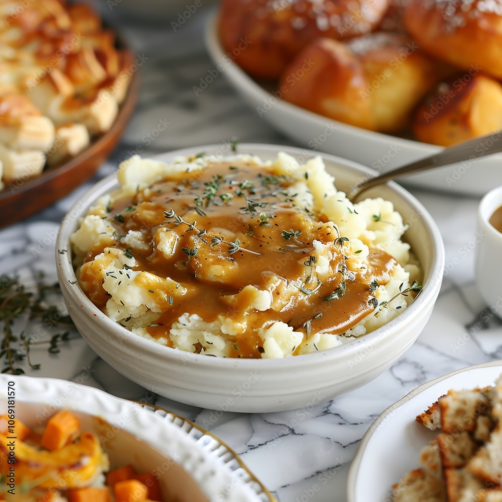 Bowl of Creamy Mashed Potatoes Topped with Rich Gravy, Thanksgiving Feast Comfort Food Bowl of Creamy Mashed Potatoes Topped with Rich Gravy, Thanksgiving Feast Comfort Food