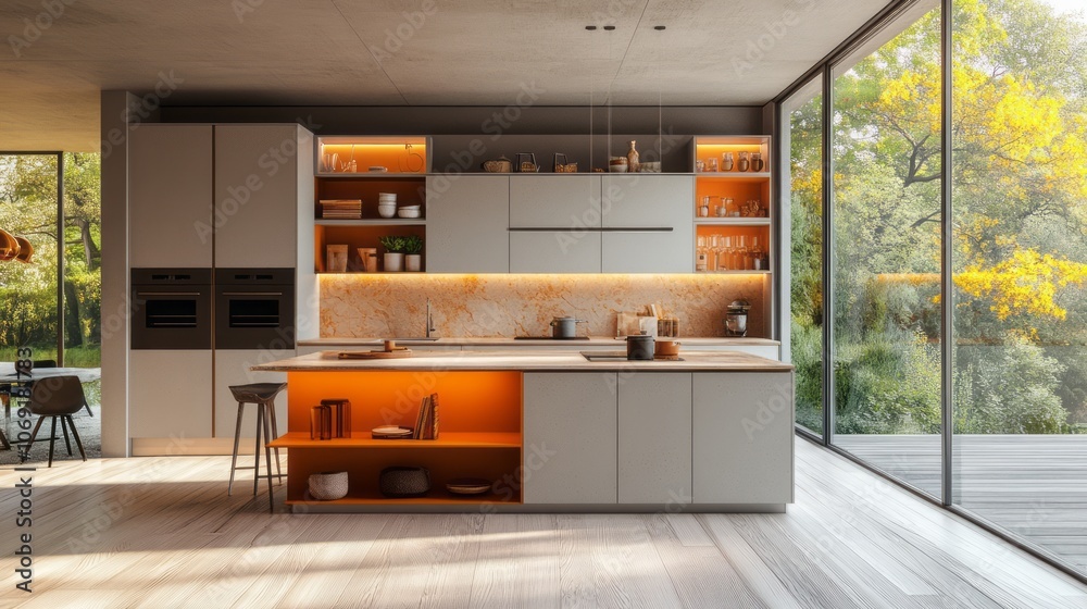 Modern Kitchen with Orange Accent Wall and Open View to a Lush Garden Modern Kitchen with Orange Accent Wall and Open View to a Lush Garden