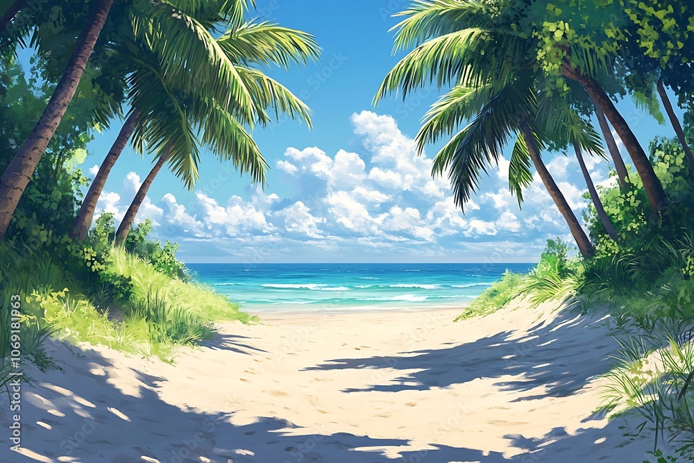 Obraz premium Tropical Beach Path with Palm Tree Shadows