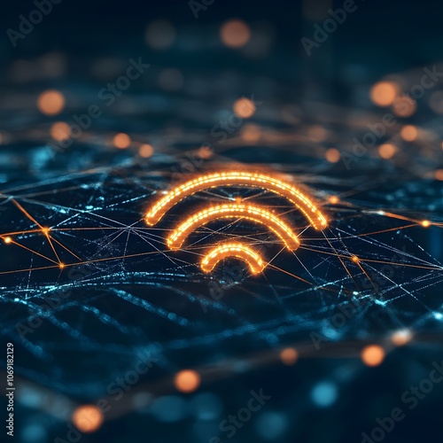 An abstract data background showcasing a wireless network and connection, featuring a prominent Wi-Fi symbol photo