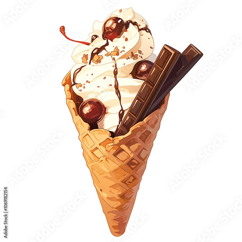 ice cream cone cherry chocolate flake isolated on plain photo