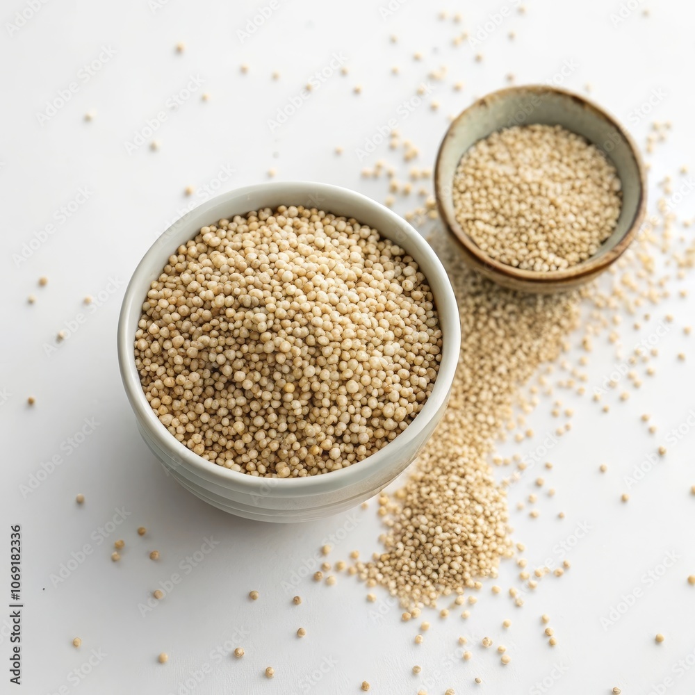 A white bowl filled with uncooked quinoa sits next to a smaller bowl of the same grain on a white background. The quinoa represents a healthy and nutritious food choice for any diet. A white bowl filled with uncooked quinoa sits next to a smaller bowl of the same grain on a white background. The quinoa represents a healthy and nutritious food choice for any diet.