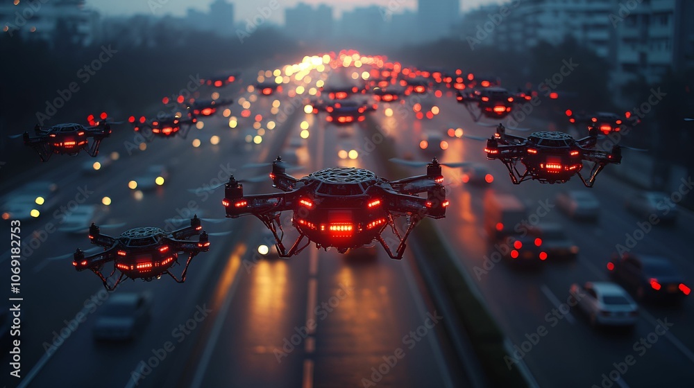 Drones flying over a bustling city highway during twilight with vibrant traffic lights Drones flying over a bustling city highway during twilight with vibrant traffic lights
