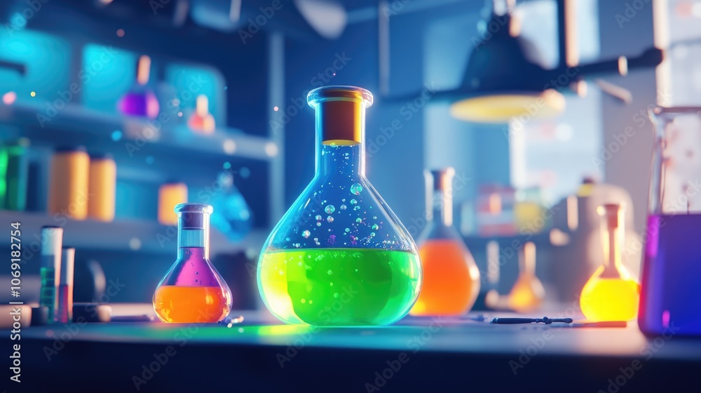 Selective focus on a flask filled with vibrant chemical reagent on a laboratory table showcasing organic chemistry experimentation
