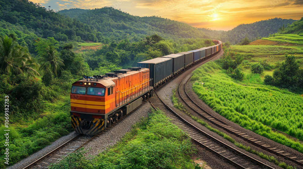 An industrial freight train winding through a rural landscape, carrying goods An industrial freight train winding through a rural landscape, carrying goods