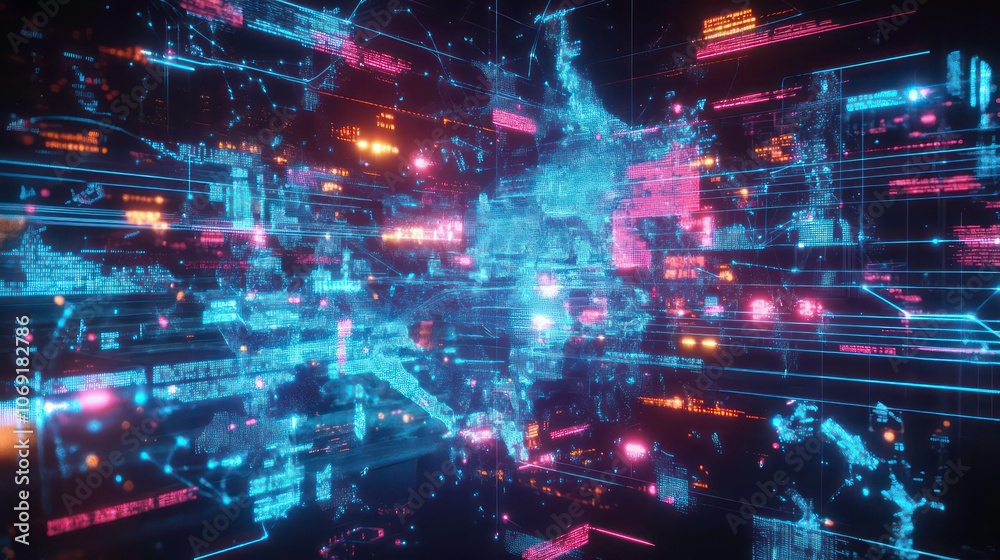 Obraz premium Abstract digital landscape with vibrant data streams and glowing elements.