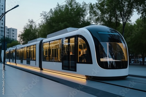 Concept design of the exterior of a modern metro train. Public transport of the city of the future. Passenger transportation. Comfortable urban transport
