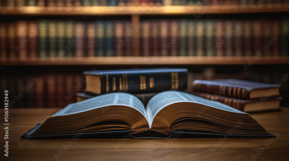 Fototapeta premium Desk with an open book, surrounded by other books and shelves full of books in the background