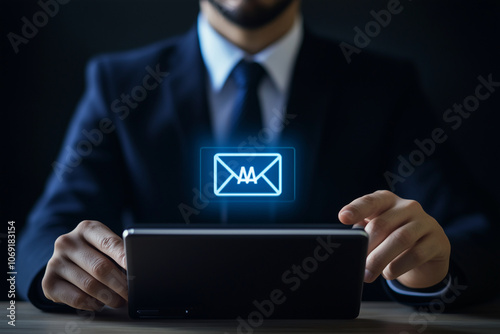  man wearing a suit and tie is holding a tablet with a blue envelope on it. Concept of professionalism and formality