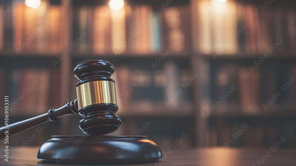 Wooden gavel and sound block on desk in law library, symbolizing law and justice Wooden gavel and sound block on desk in law library, symbolizing law and justice