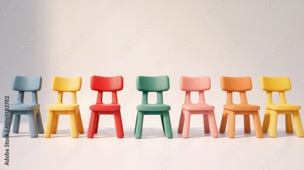 Miniature chairs arranged on a pristine white background showcasing creativity in design Miniature chairs arranged on a pristine white background showcasing creativity in design