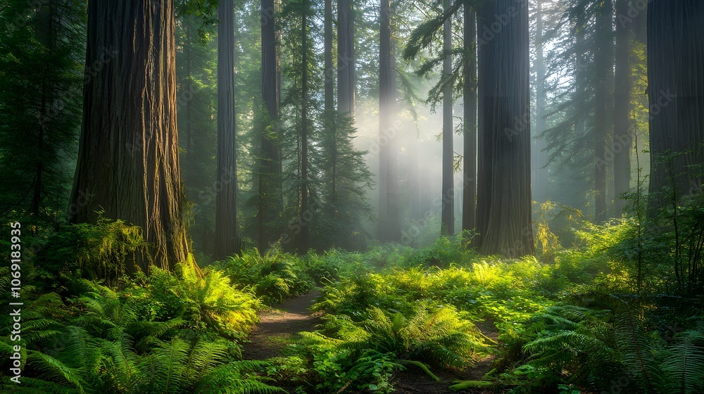 An ancient forest with towering redwoods, mist, and a lush understory. An ancient forest with towering redwoods, mist, and a lush understory.