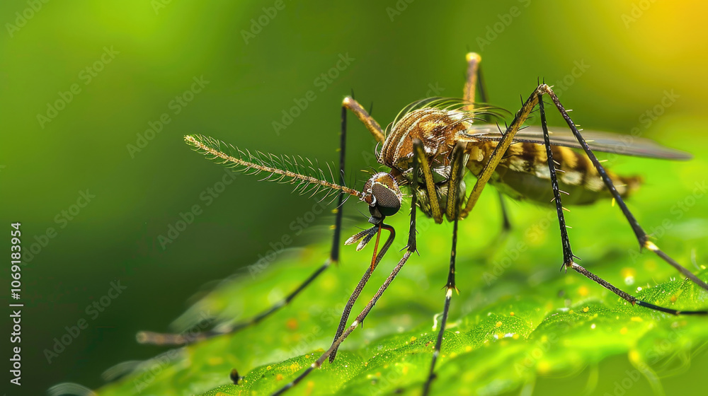 Close-Up of a Mosquito on a Leaf with Vibrant Green Background in Natural Light Close-Up of a Mosquito on a Leaf with Vibrant Green Background in Natural Light