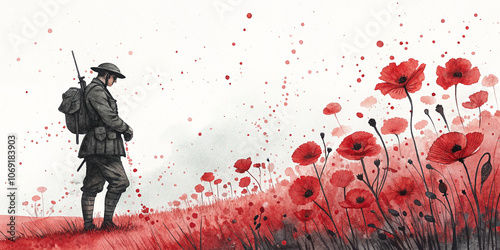 Silhouette of a World War Two soldier in a field of poppies splattered with blood